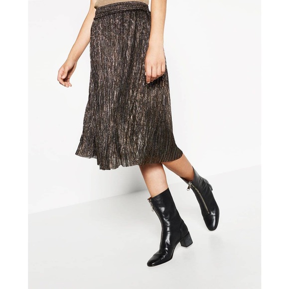 ZARA Black & Gold Metallic Flounce Midi Skirt Small - Picture 1 of 7